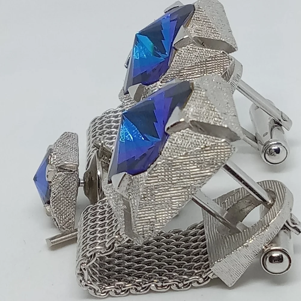 * vintage electric blue glass silver tone cuff links & tie tack pin set